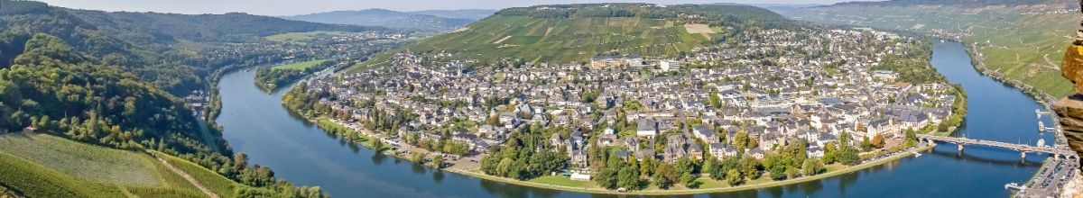 Vogelperspektive auf die Mosel und Traben-Trarbach.