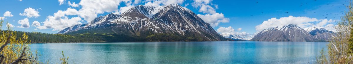 Totale des Kathleen See bei Haines mit azurblauem, ruhigem Wasser und einem Gebirgszug im Hintergrund bei Tag.