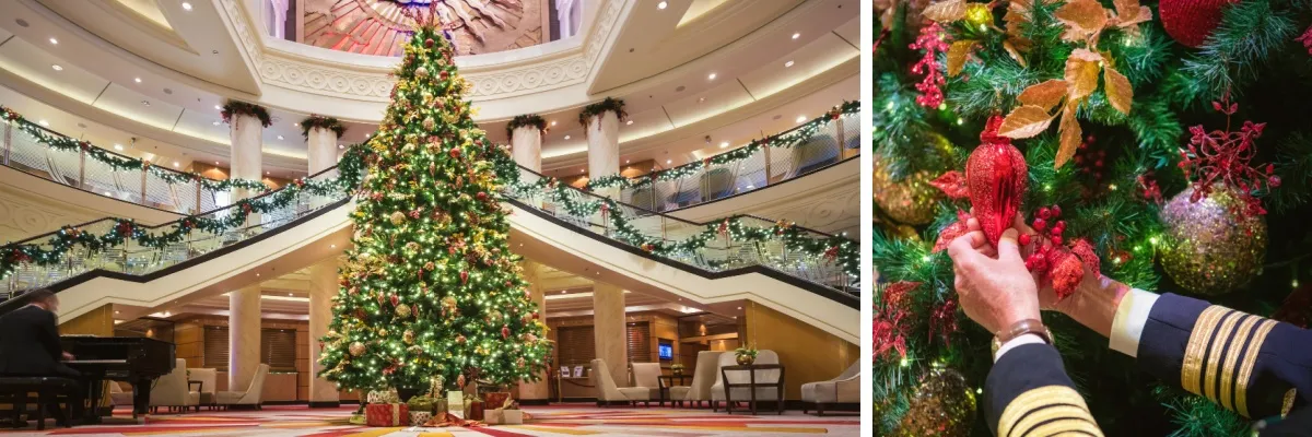 Ein von Hand geschmückter Weihnachtsbaum in der Grand Lobby: Weihnachten & Silvester auf einer Kreuzfahrt mit Cunard werden unvergesslich.