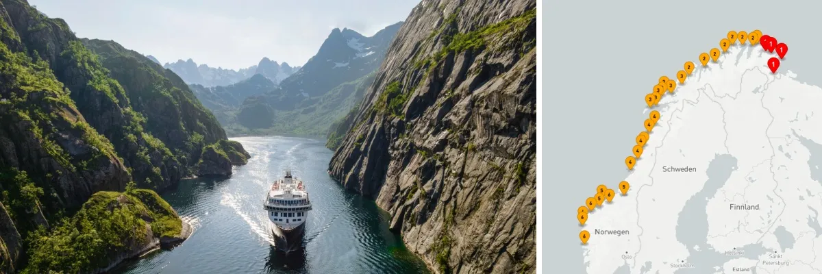 Zwei-geteiltes Bild: links eines der Havila Postschiffe in einem norwegischen Fjord, rechts die Routenkarte der Postschiffroute Kurs Süd von Kirkenes bis Bergen.