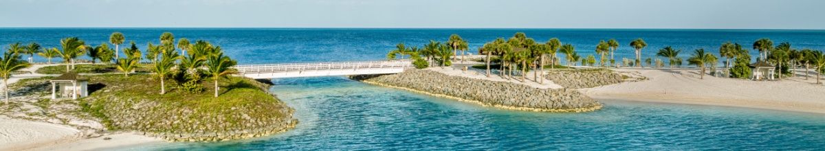 Brücke zwischen zwei palmenbestandenen Inselteilen von Ocean Cay MSC Marine Reserve