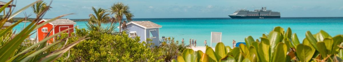 Küste von Princess Cays und im Hintergrund ein Kreuzfahrtschiff auf dem Meer.