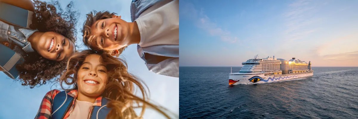2-geteiltes Bild: links drei Jugendliche, die glücklich aussehen, rechts AIDAprima auf dem offenen Meer mit Sonnenuntergang.