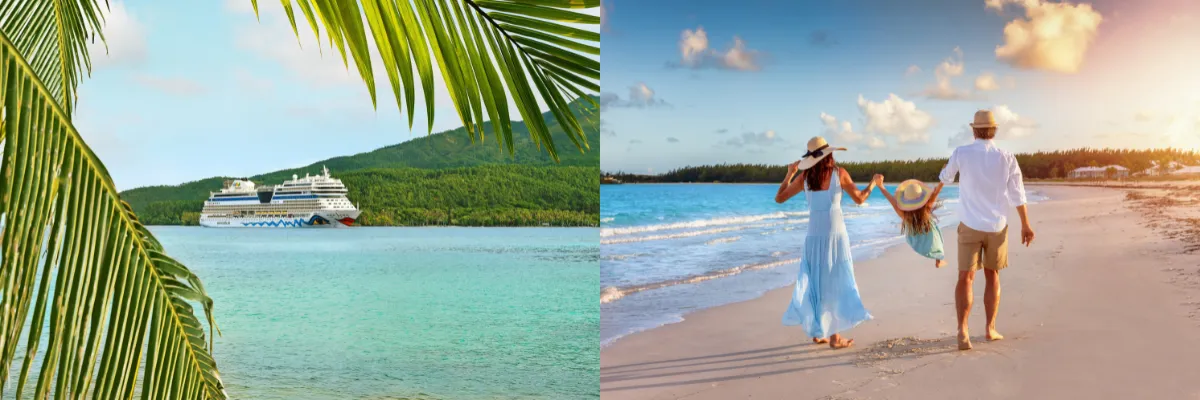 2-geteiltes Bild: links AIDAmar in der Karibik zwischen Palmen, rechts Vater, Mutter und Kind am Strand der Karibik.