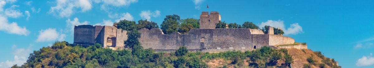 Die Ruinen der namensgebenden Hainburg auf einem Berg bei Tag.