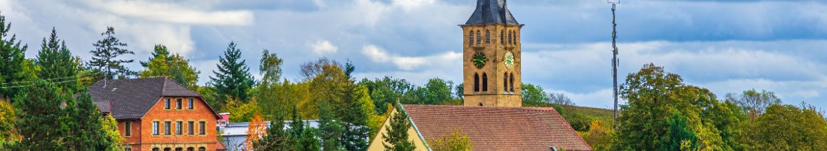 Eine Kirche und Wohnhäuser inmitten des grünen Heilbronns bei Tag.