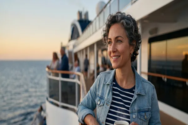 Eine entspannte Frau genießt mit einer Tasse Kaffee den Ausblick von der Reling eines AIDA Schiffes während der Goldenen Stunde – Sinnbild für die Freiheit der AIDA Angebote für Alleinreisende.