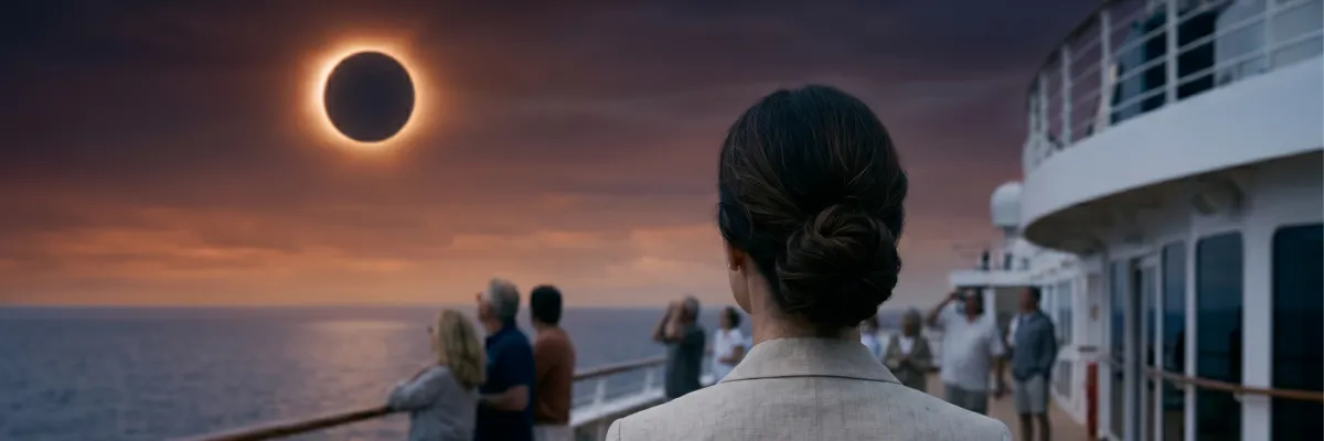 Blick vom Deck eines AIDA Schiffes auf eine totale Sonnenfinsternis über dem Meer, beobachtet von einer Gruppe von Gästen – ein Highlight der AIDA Angebote für Alleinreisende im August 2026.