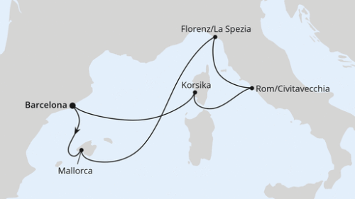 Barcelona - Palma - Florenz/La Spezia - Rom/Civitavecchia - Ajaccio/Korsika - Barcelona
