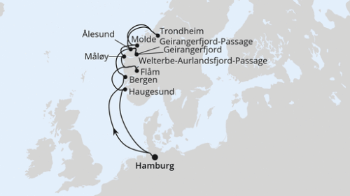 Hamburg - Bergen - Geirangerfjord - Welterbe-Geirangerfjord-Pass - Alesund - Trondheim - Molde - Maloy - Flam - Welterbe-Aurlandsfjord-Passa - Haugesund - Hamburg
