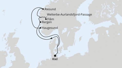 Kiel - Bergen - Flam - Welterbe-Aurlandsfjord-Passa - Alesund - Haugesund - Kiel