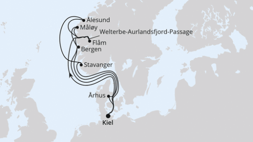 Kiel - Flam - Welterbe-Aurlandsfjord-Passa - Maloy - Bergen - Arhus - Kiel - Bergen - Flam - Welterbe-Aurlandsfjord-Passa - Alesund - Stavanger - Kiel