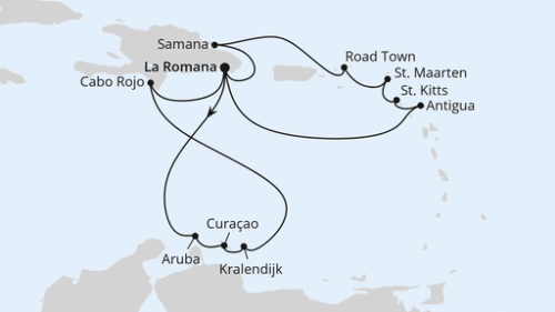 Karibische Inseln ab Dominikanische Republik 2 La Romana/Dom. Republik - Oranjestad - Willemstad - Kralendijk - Cabo Rojo - La Romana/Dom. Republik - St.Johns - Basseterre - Philipsburg - Roadtown - Samana - La Romana/Dom. Republik