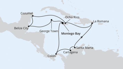 Montego Bay/Jamaika - Colon - Cartagena/Kolumbien - Santa Marta - La Romana/Dom. Republik - Ocho Rios - Cozumel - Belize - Grand Cayman - Montego Bay/Jamaika