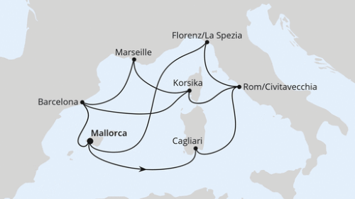 Palma - Cagliari - Rom/Civitavecchia - Ajaccio/Korsika - Marseille - Barcelona - Palma - Florenz/La Spezia - Rom/Civitavecchia - Ajaccio/Korsika - Barcelona - Palma