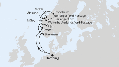 Hamburg - Bergen - Geirangerfjord - Welterbe-Geirangerfjord-Pass - Alesund - Molde - Trondheim - Maloy - Flam - Welterbe-Aurlandsfjord-Passa - Stavanger - Hamburg