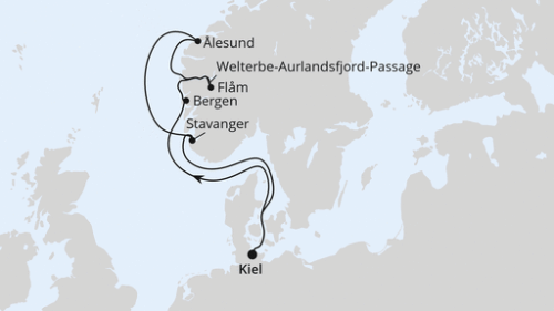 Kiel - Bergen - Flam - Welterbe-Aurlandsfjord-Passa - Alesund - Stavanger - Kiel