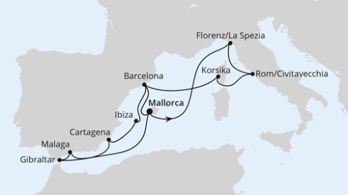 Palma - Florenz/La Spezia - Rom/Civitavecchia - Ajaccio/Korsika - Barcelona - Palma - Malaga - Gibraltar - Cartagena - Ibiza - Barcelona - Palma
