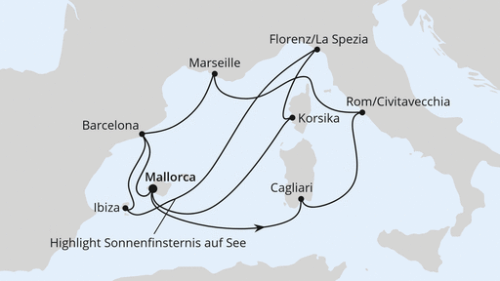 Palma - Cagliari - Rom/Civitavecchia - Marseille - Barcelona - Palma - Ajaccio/Korsika - Florenz/La Spezia - Sonnenfinsternis Auf See - Ibiza - Barcelona - Palma