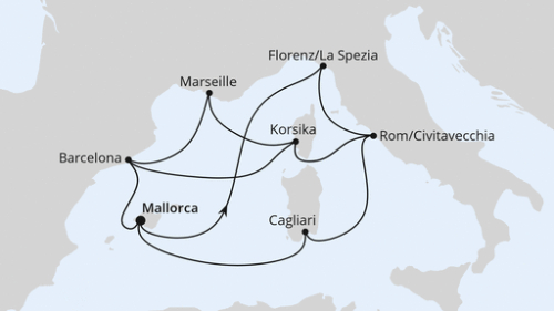 Große Mittelmeer-Reise ab Mallorca 1 Palma - Florenz/La Spezia - Rom/Civitavecchia - Ajaccio/Korsika - Barcelona - Palma - Cagliari - Rom/Civitavecchia - Ajaccio/Korsika - Marseille - Barcelona - Palma