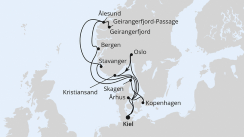 Große Skandinavien-Reise ab Kiel Kiel - Oslo - Kristiansand - Skagen - Kopenhagen - Arhus - Kiel - Bergen - Geirangerfjord - Welterbe-Geirangerfjord-Pass - Alesund - Stavanger - Kiel