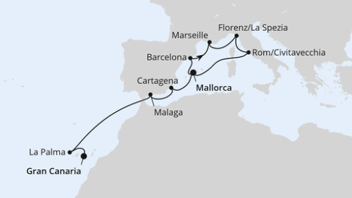 Italien, Andalusien & Kanaren ab Mallorca Palma - Barcelona - Barcelona - Marseille - Florenz/La Spezia - Rom/Civitavecchia - Palma - Cartagena - Malaga - Santa Cruz/La Palma - Las Palmas/Gran Canaria