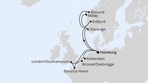 Metropolen & Norwegen ab Hamburg Hamburg - Eidfjord - Maloy - Alesund - Stavanger - Hamburg - Southampton - Paris/Le Havre - Zeebrügge - Rotterdam - Hamburg