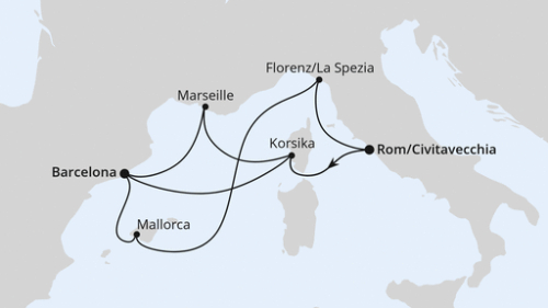 Spanien, Frankreich & Italien ab Civitavecchia 1 Rom/Civitavecchia - Ajaccio/Korsika - Marseille - Barcelona - Palma - Florenz/La Spezia - Rom/Civitavecchia - Ajaccio/Korsika - Barcelona