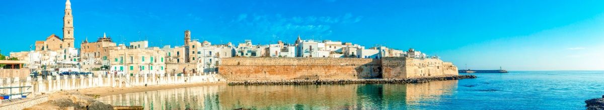 Blick auf die Altstadt von Monopoli am blauen Meer umgeben von der Stadtmauer.