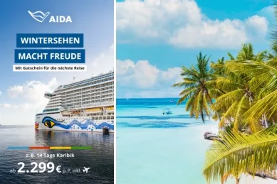 Seitenansicht von AIDAperla auf dem azurblauen Meer in der Karibik. Davor ein weißer Sandstrand mit Palmen und üppiger tropischer Vegetation.