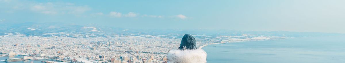 Eine Frau auf einem Aussichtspunkt, die über das Panorama von Hakodate schaut, welches sich den Horizont entlangszieht und ans Meer angrenzt bei Tag.