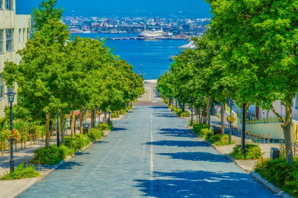 Ausblick über Hakodate Eine Meerenge bei Hakodate von einer Allee aus mit Bäumen und der Straße im Vordergrund und Teilen der Stadt im Hintergrund bei Tag.