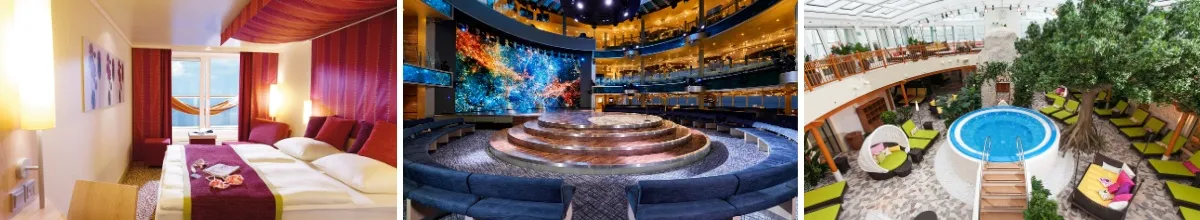 3-teiliges Bild von links nach rechts: Panorama-Balkonkabine auf AIDAnova in Rot- & Beige-Tönen, dunkelblau gehaltenes Theatrium auf AIDAnova, Spa-Bereich mit grünen Liegen auf AIDAsol