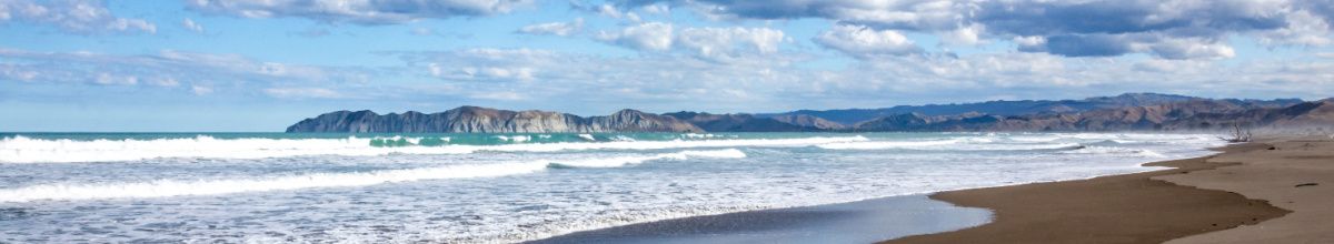 Ein weiter Sandstrand bei Gisborne am Tag mit dem angrenzenden Meer.