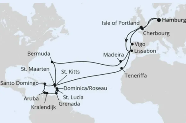 Hamburg - Isle of Portland - Lissabon - Madeira - Bermuda - St. Maarten - Santo Domingo/Dominikanische Republik - Aruba - Bonaire - Grenada - St. Lucia - Dominica/Roseau - Basseterre/St. Kitts & Nevis - Teneriffa - Vigo - Cherbourg - Hamburg.