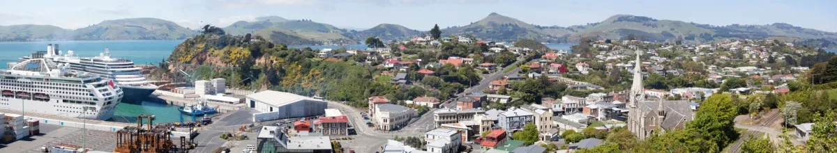 Kreuzfahrthafen in Port Chalmers an dem zwei Schiffe anlegen.