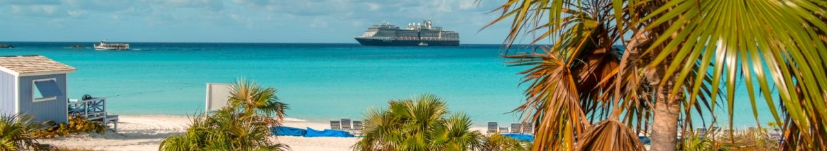 Der weiße Sandstrand von Half Moon Cay mit Palmen und einer kleinen Hütte. Im Hintergrund schwimmt ein Kreuzfahrtschiff von Carnival Cruise im Meer.
