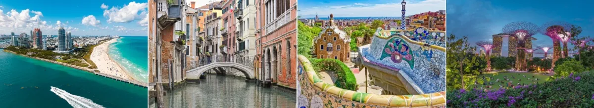 Horizontale Collage mit Fotos der beliebtesten Kreuzfahrthäfen. Miami, Venedig, Barcelona und Singapur als Beispiel.