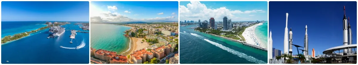 Horizontale Collage mit Fotos der beliebtesten Kreuzfahrthäfen. Von links nach rechts: Nassau, Barcelona, Miami und Port Canaveral.