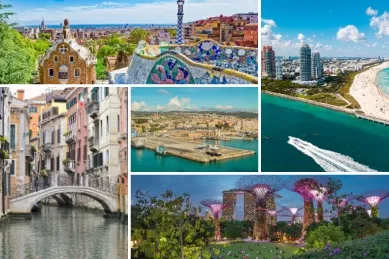 Collage der beliebtesten Kreuzfahrthäfen: Barcelona, Miami, Venedig, Singapur, Civitavecchia.
