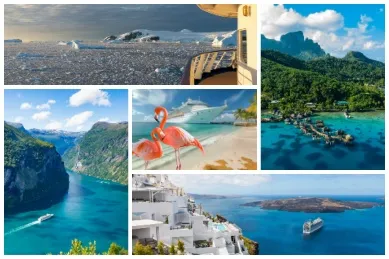 Oben links Antarktis, unten links Norwegen, in der Mitte Karibik, unten rechts Mittelmeer, oben rechts Südsee.