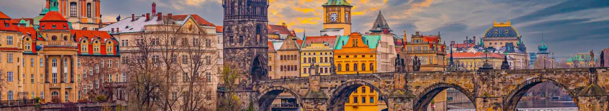 Panorama einer historischen europäischen Stadt mit alter Steinbrücke und prächtigen Bauten am Flussufer, die zum Entdecken auf einer historischen Kreuzfahrt einlädt.