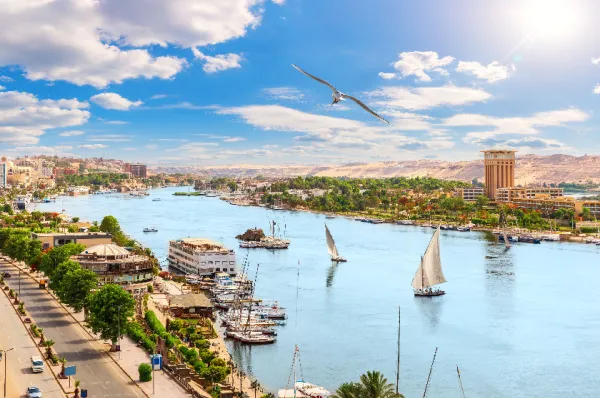 Magische Nilkreuzfahrt: Eine Zeitreise ins Land der Pharaonen und Götter Der Nil in Ägypten mit traditionellen Feluken und modernen Booten vor der Kulisse von Assuan, Symbol für eine historische Nilkreuzfahrt zu den Stätten der Pharaonen