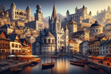 Fantasievolle Darstellung einer historischen europäischen Hafenstadt mit imposanter Kathedrale und Schiffen am Kai, Symbol für eine Reise auf legendären Kreuzfahrtrouten.