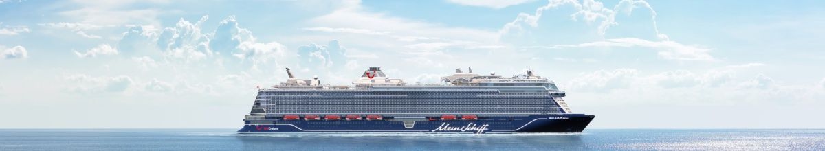 Rendering: Seitenansicht von Mein Schiff Flow auf dem Meer.