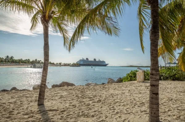 Castaway Cay Strandausschnitt von Castaway Cay mit Palmen am Wasser und einem Kreuzfahrtschiff in der Ferne bei Tag.