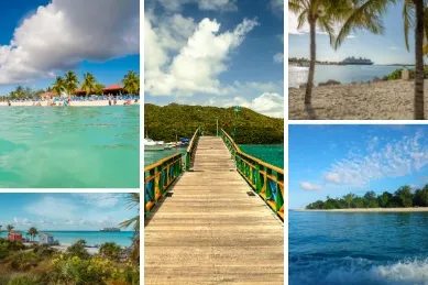 Bildercollage der fünf exklusivsten Kreuzfahrtinseln Eine Collage mit Ausschnitten der fünf exklusivsten Kreuzfahrtinseln: oben links Mystery Island, oben rechts Providencia, unten links Castaway Cay, mittig Half Moon Cay und unten rechts Princess Cays.