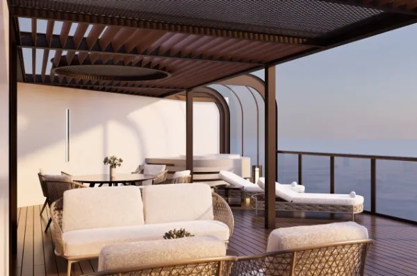 Die Terrasse in der Skyview Suite auf der Seven Seas Prestige. Nicht ohne Grund ist Sie unser Platz 4 der luxuriösesten Kreuzfahrtschiffe der Welt.