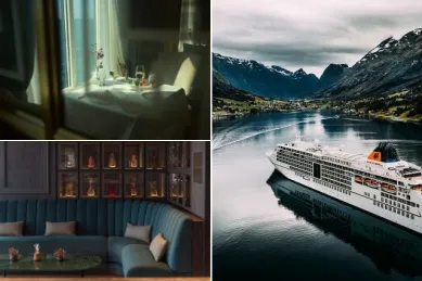Die luxuriösesten Kreuzfahrtschiffe der Welt 3-teilige Collage der luxuriösesten Kreuzfahrtschiffe. Ein privates Dinner auf der Queen Mary 2, Die SALT Bar der Silver Nova und unser Platz 1: Die MS Europa 2 in Norwegen