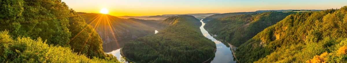 Die Saarschleife während eines Sonnenuntergangs dominiert von dichten, sattgrünen Wäldern.